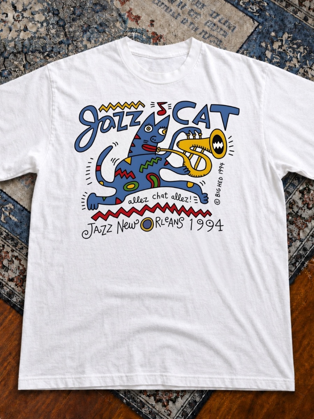 Gildan White Tee with Blue Jazz Cat & Yellow Trombone Graphic